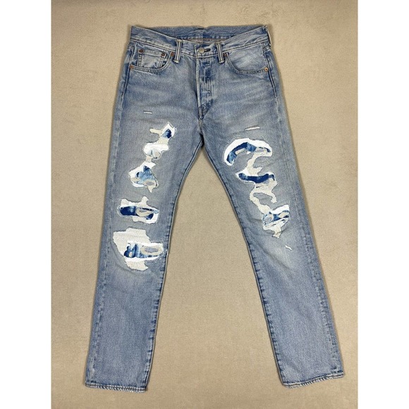 Levi's 501 Trashed Mens 30x32 Blue Jeans Pockets Distressed Mid Rise Button Fly
